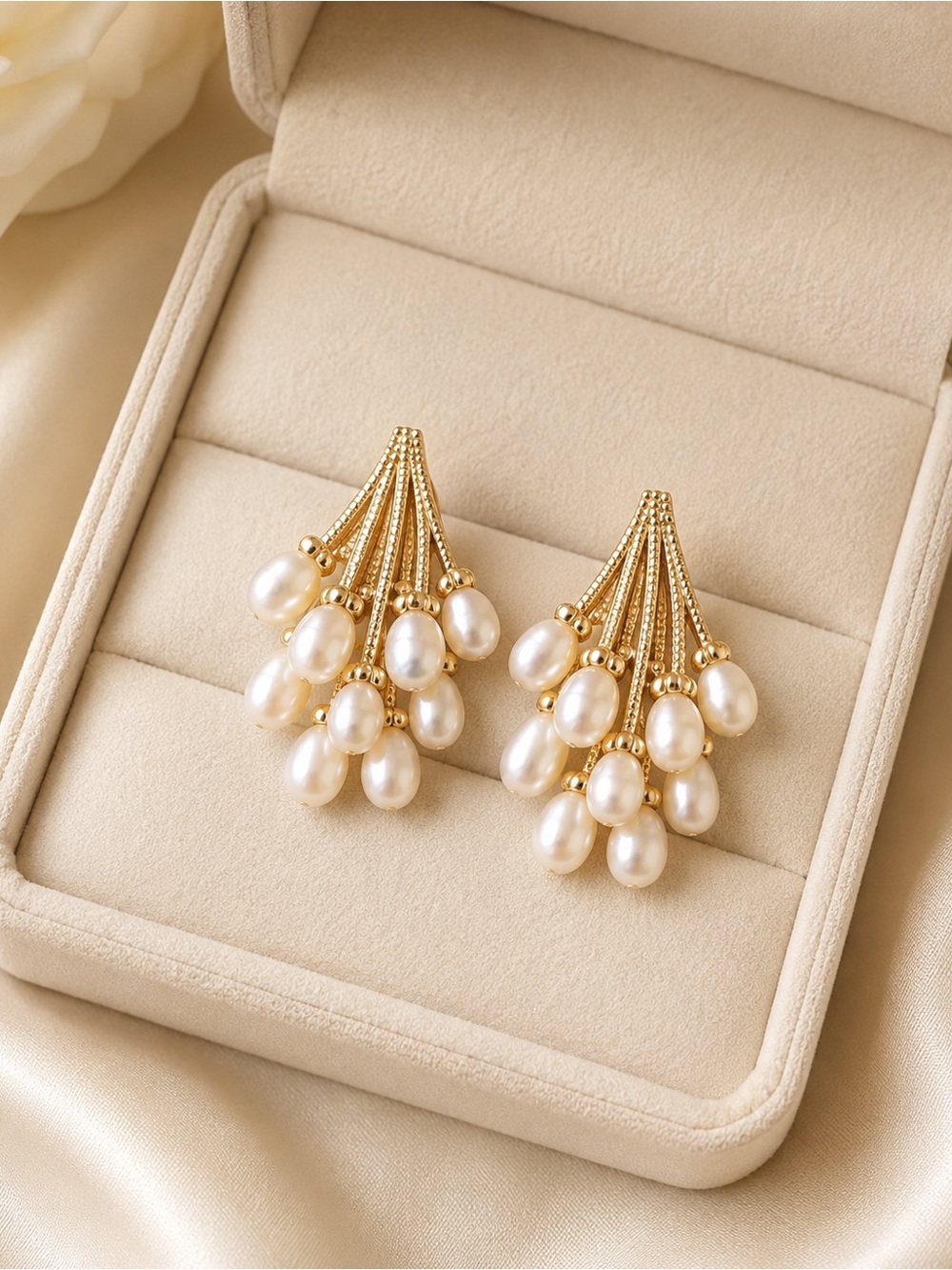 Gold-Tone Pearl Cluster Drop Earrings - White & Gold - Picture 3 of 7